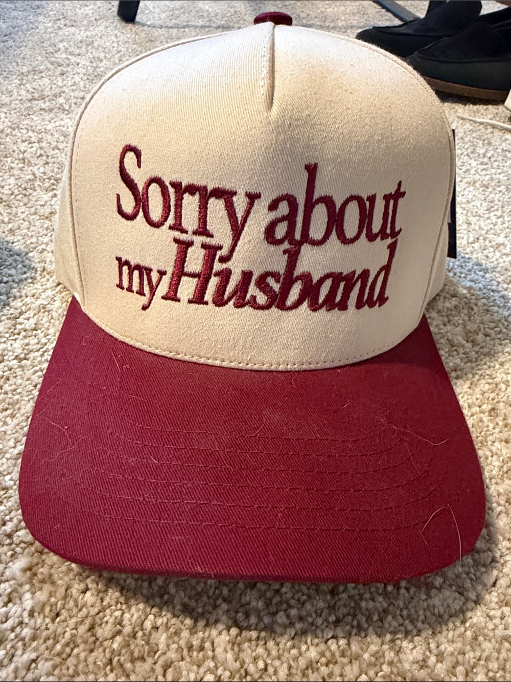 Sorry About My Husband Embroidered Two-Tone Cap - Cream and Burgundy